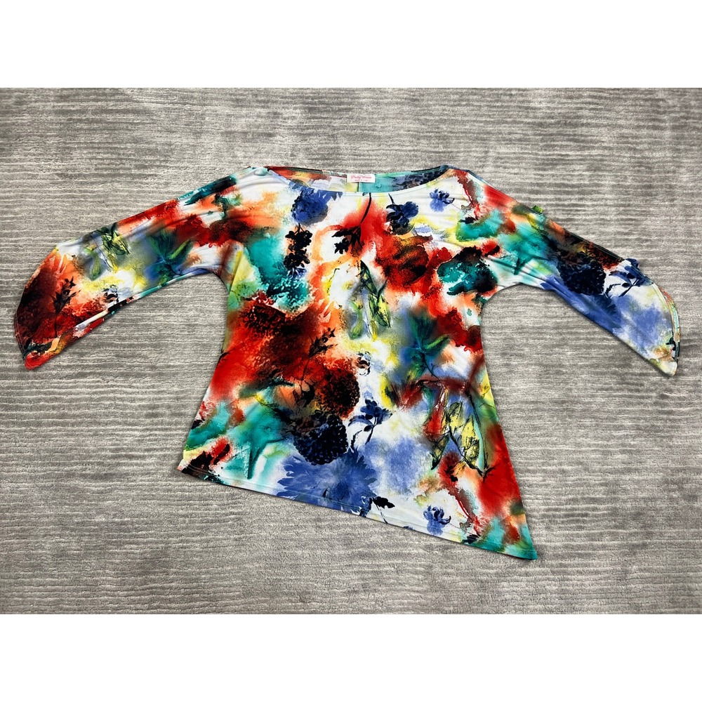 Pretty Woman Top Womens OS Multicolor Abstract Floral Asymmetrical Split Sleeve